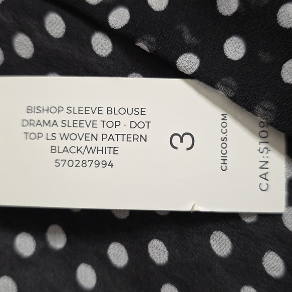 NWT Chico’s Size 3 /XL Black & White Polka Dot Bishop Sleeve Top Blouse Women’s - Picture 9 of 12